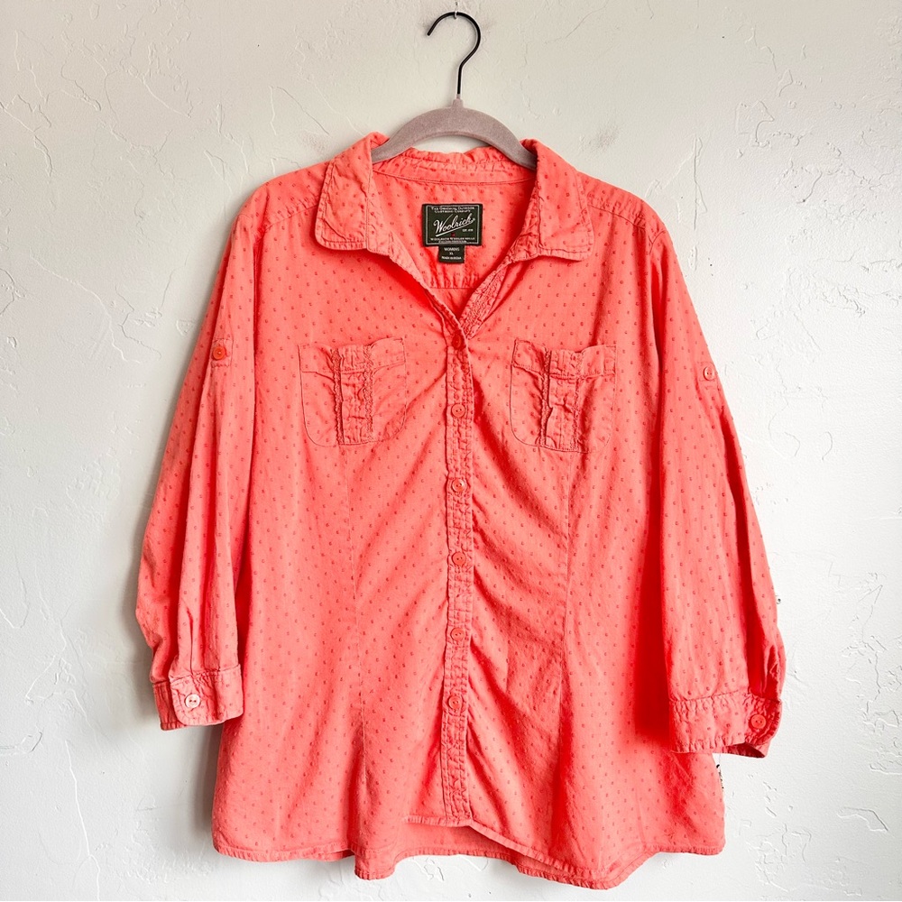 Woolrich Women’s Summer Orange Coral Dot-Texture Button Up Roll Tab Shirt XL EUC